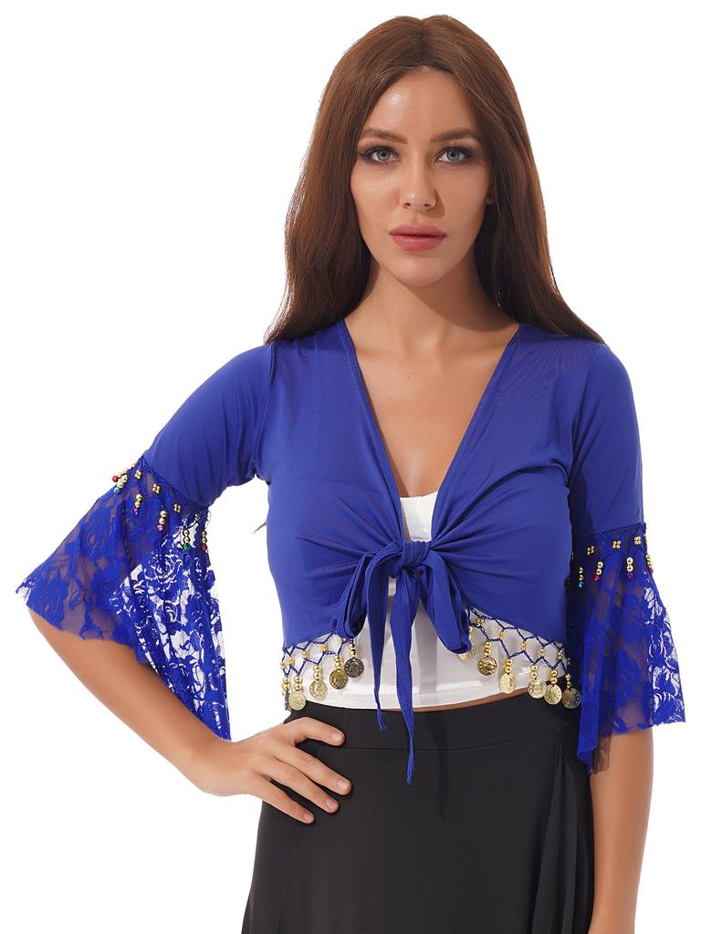 Womens Belly Dance Crop Top Lace Patchwork 3/4 Flared Sleeves Bell Bead Tassel Lace Up Detail Shawl Cardigan