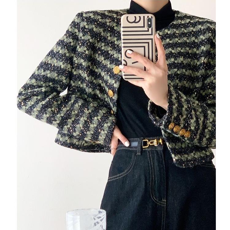Green Striped Plaid Retro Short Jacket for Women, Elegant and Fashionable Woolen Coat