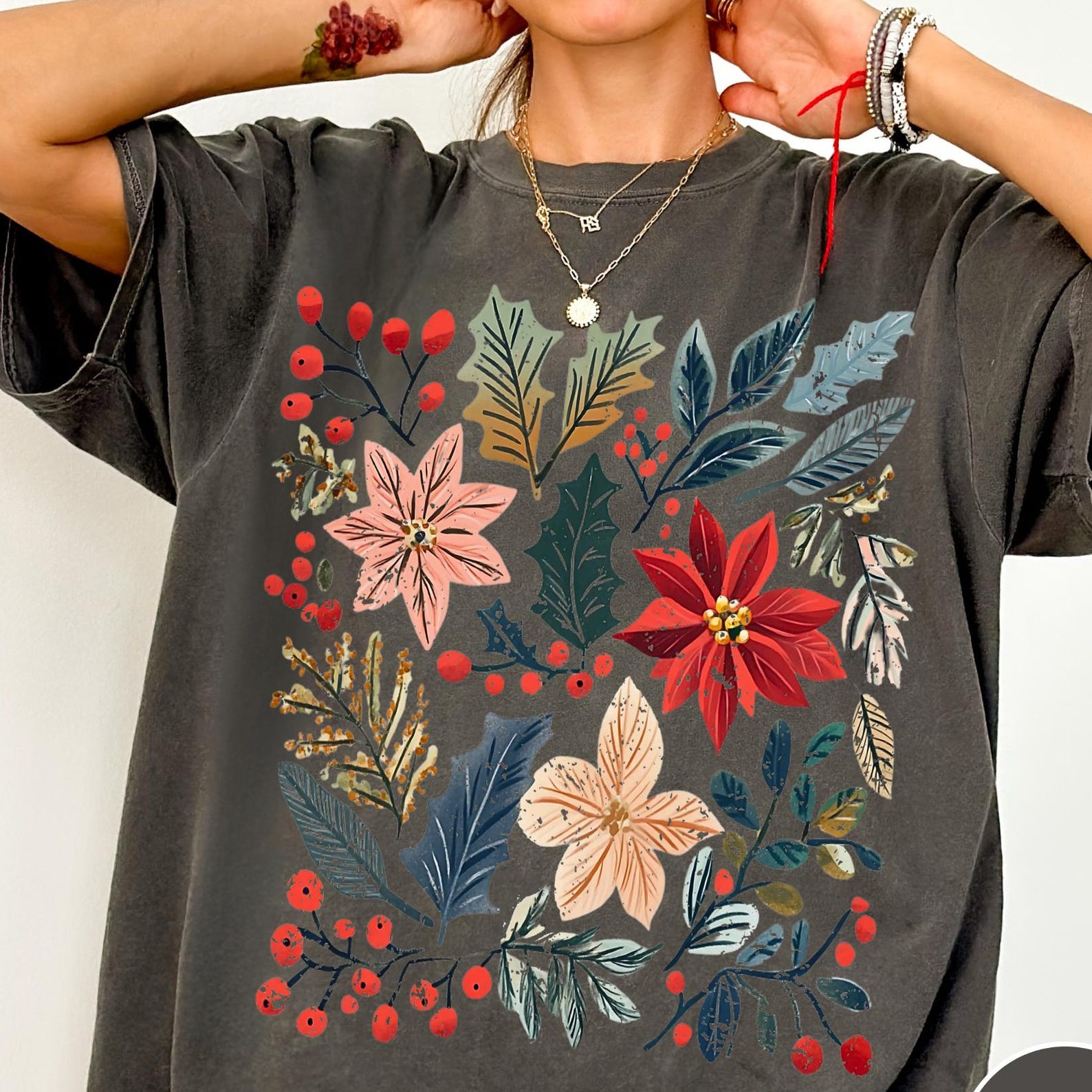 Boho Winter Floral Comfort Colors® Shirt, Retro Winter T-Shirt, Christmas Vibes Shirt, Christmas Season Graphic Tee, Vintage Winter Aesthetic L