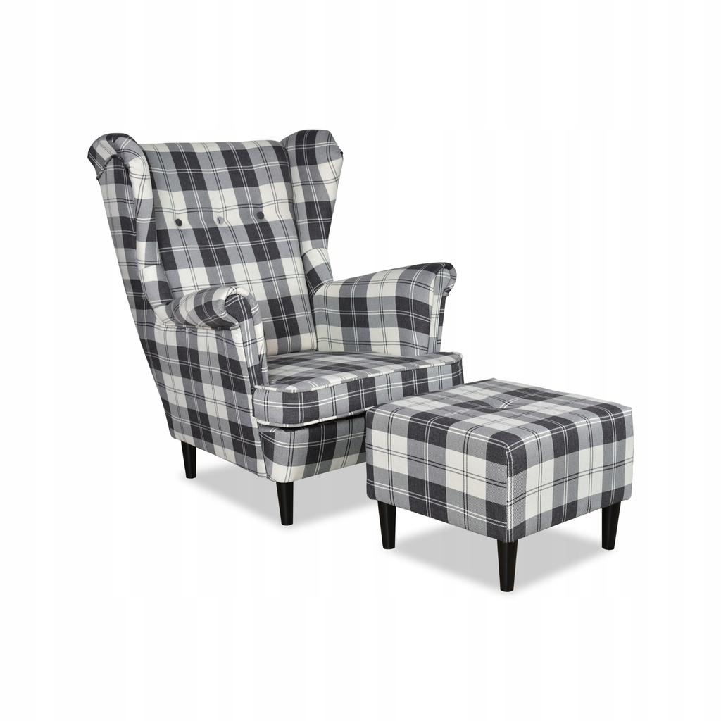 Fotel uszak Winston z podnóżkiem pufą Family Meble krata granatowo - biała