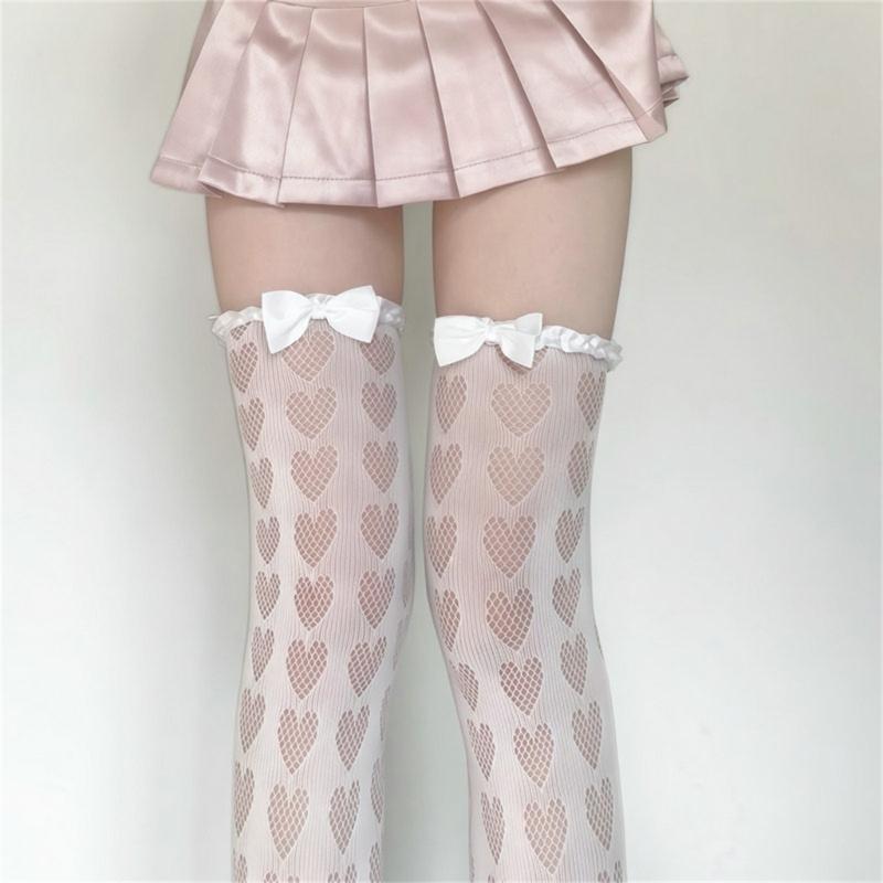 Women's Mesh Lace Long Stockings with Romantics Heart Detail And Ruffle Trim Bows Accent For Daily Wear Party Outfits