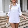 Weißes Hemd Damen Midi BF Stil Locker Sexy Pyjama Langarm Chiffonhemd