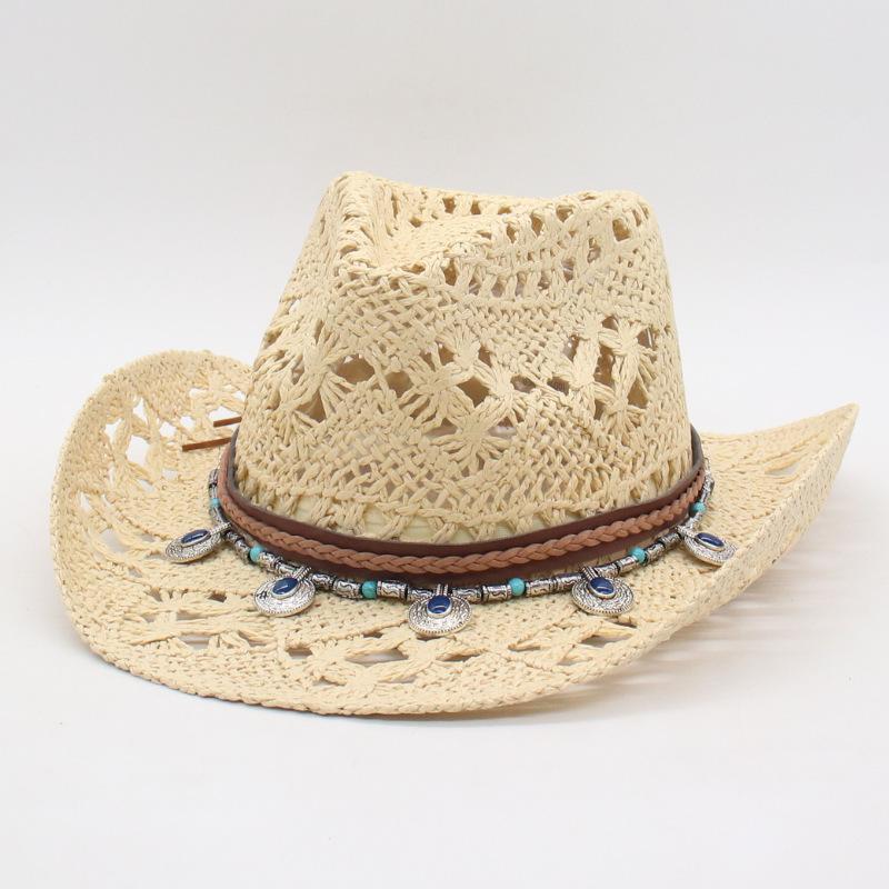 Spring And Summer New Hollow Cowboy Hat American Warped Edge Foreign Trade Hand-Woven Natural Grass Breathable Cool Jazz Top Hat