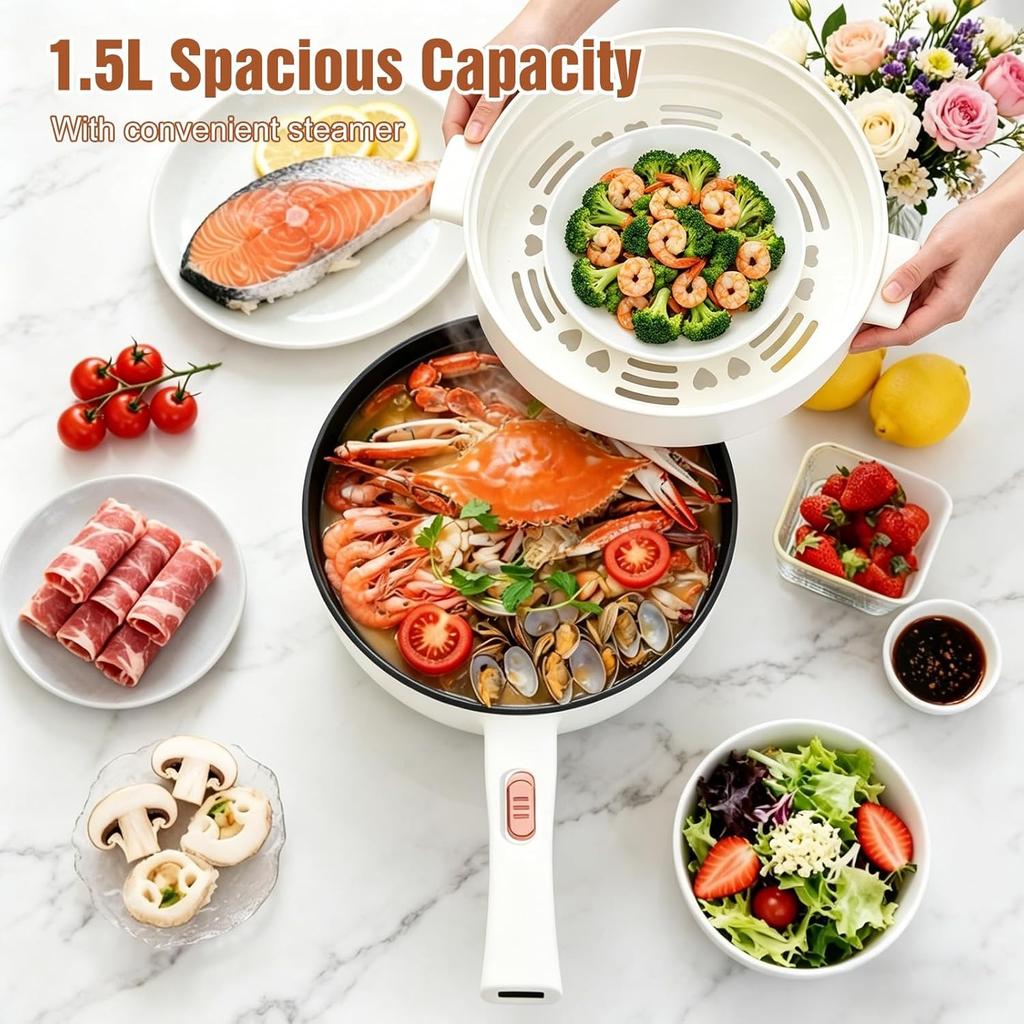 Hot Pot Electric with Steamer,Rapid Noodles Cooker Non-Stick Frying Pans with Spatula for Steak, Egg, Fried Rice, Ramen, Oatmeal, Soup,