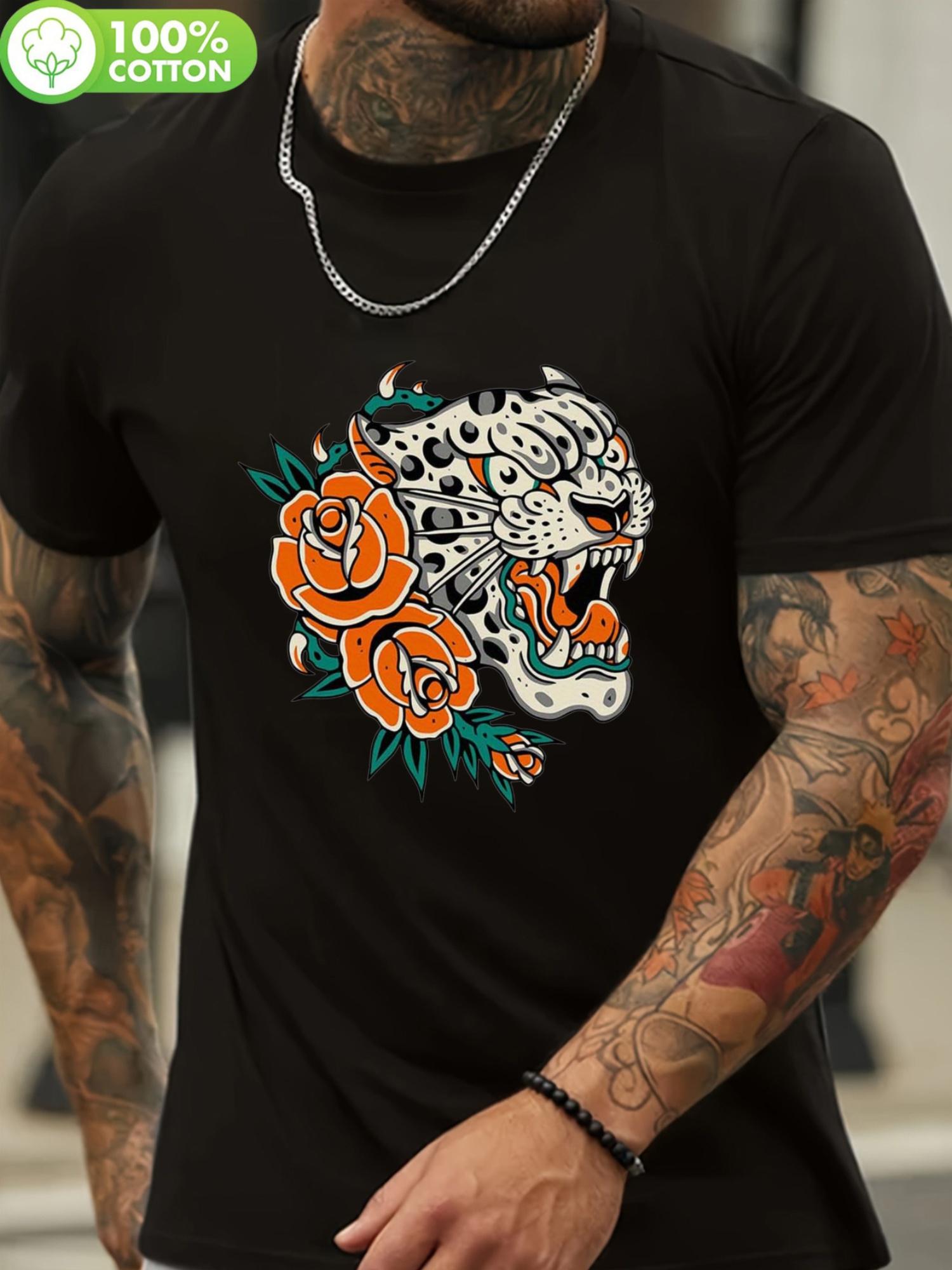 Vintage Tattoo Style Leopard & Roses Graphic T-shirt - Artistic Animal Design M