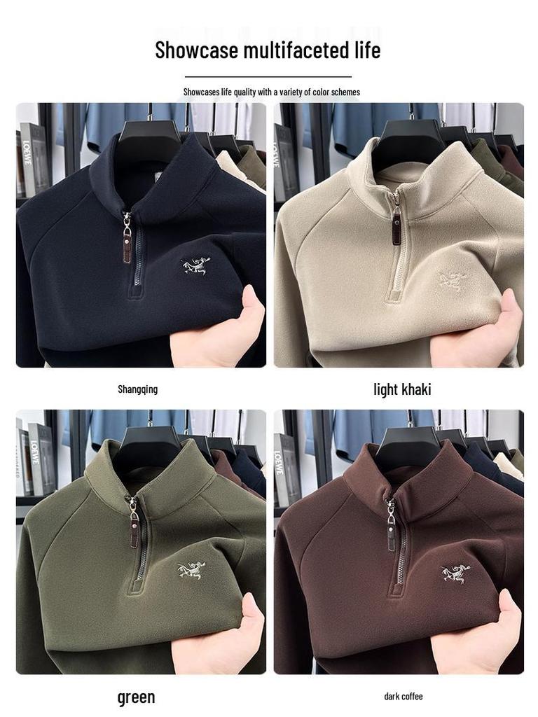 Men's Half-Zip Oatmeal Fleece Wool Hoodie, Autumn/Winter, Stand Collar, Fashionable & Versatile Long Sleeve