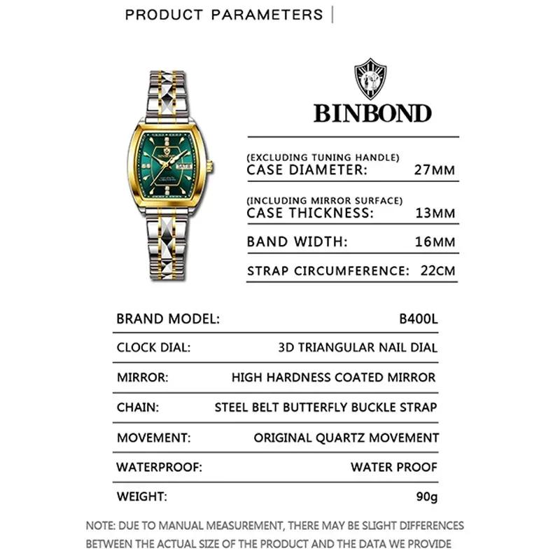 New BINBOND Luxury Quartz Womens Watch Ellipse Diamond Dial Stainless Steel Band Waterproof Luminous Top Brand Women Wristwatch