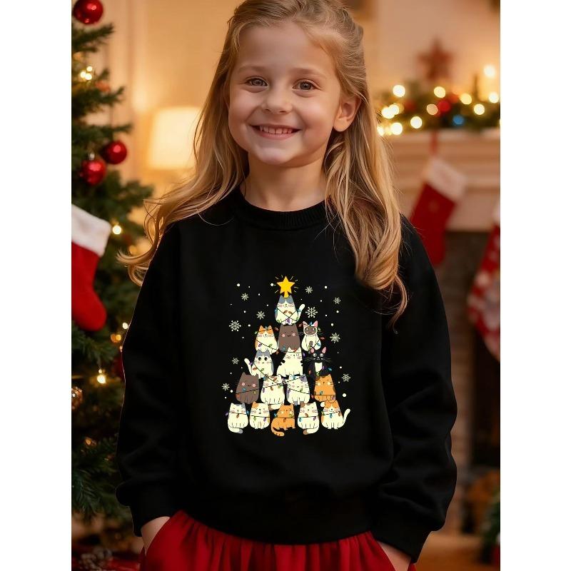 European sizes Kids Round Neck Sweatshirt, Christmas Cat and Christmas Tree Themed Sweatshirt, Fashionable and Cute Top with Stylish Print 110 чёрный