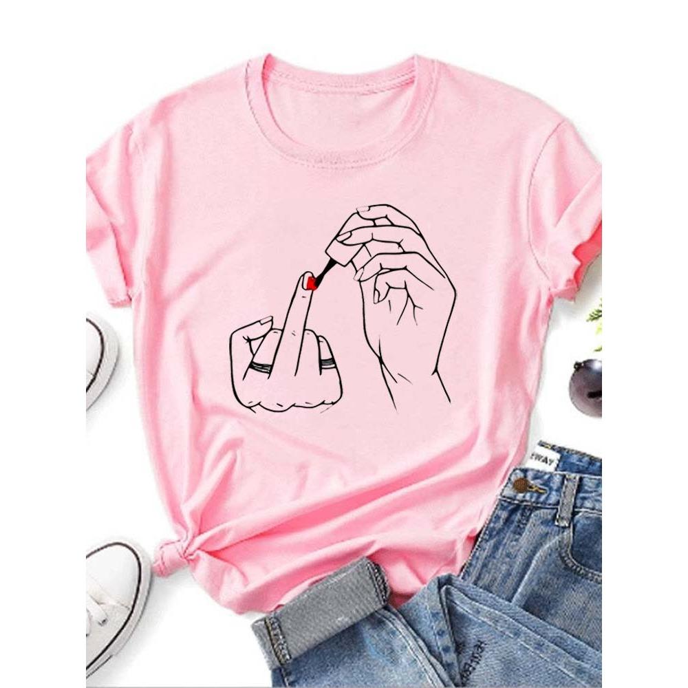 Women Middle Finger Nail Polish Prints T Shirt Summer Comfortable Soft Short Sleeve O-Neck Tops Casual Female Clothes