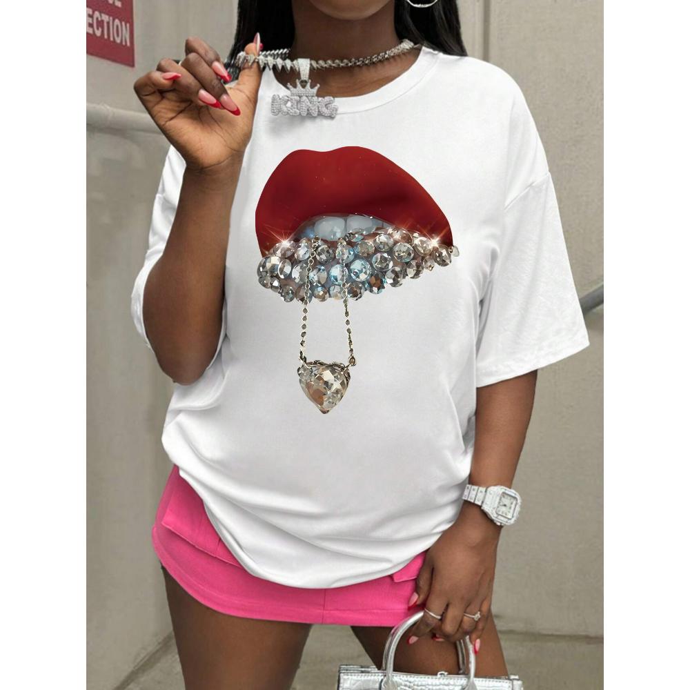 

Женская модная футболка с узором в виде красных губ и кулона в виде сердца, повседневная футболка с круглым вырезом и художественным узором в виде красных губ с драгоценными камнями XS