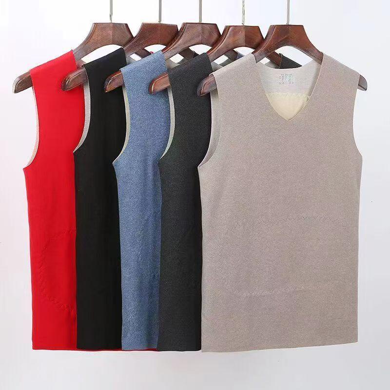Men's Wool Silk Seamless Warm Vest - Double-Sided Fleece Lined, Thickened, Solid Color Base Layer for Autumn and Winter