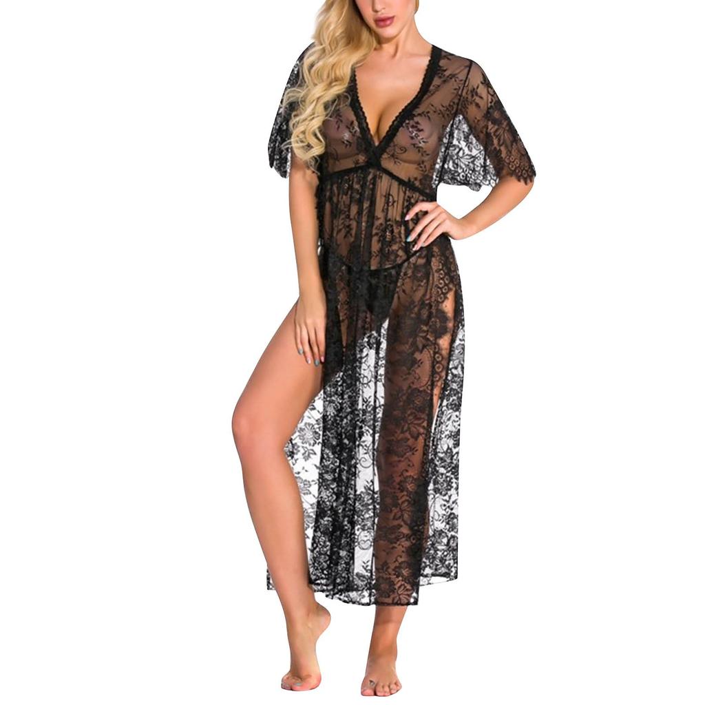 Sexy Lingerie Lace Deep V One-piece Dress For Women With Side-opening Lace One-piece Robe