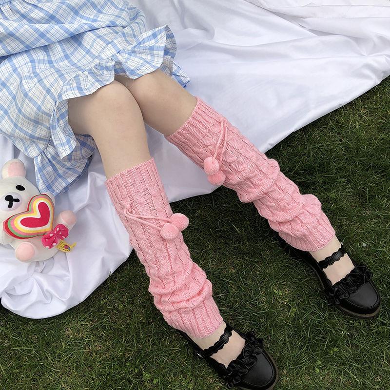 Japanese Lolita Bow Cute Hairball Knitted Socks Cover Women's Winter Leg Warmers Stacking Socks White Jk Socks