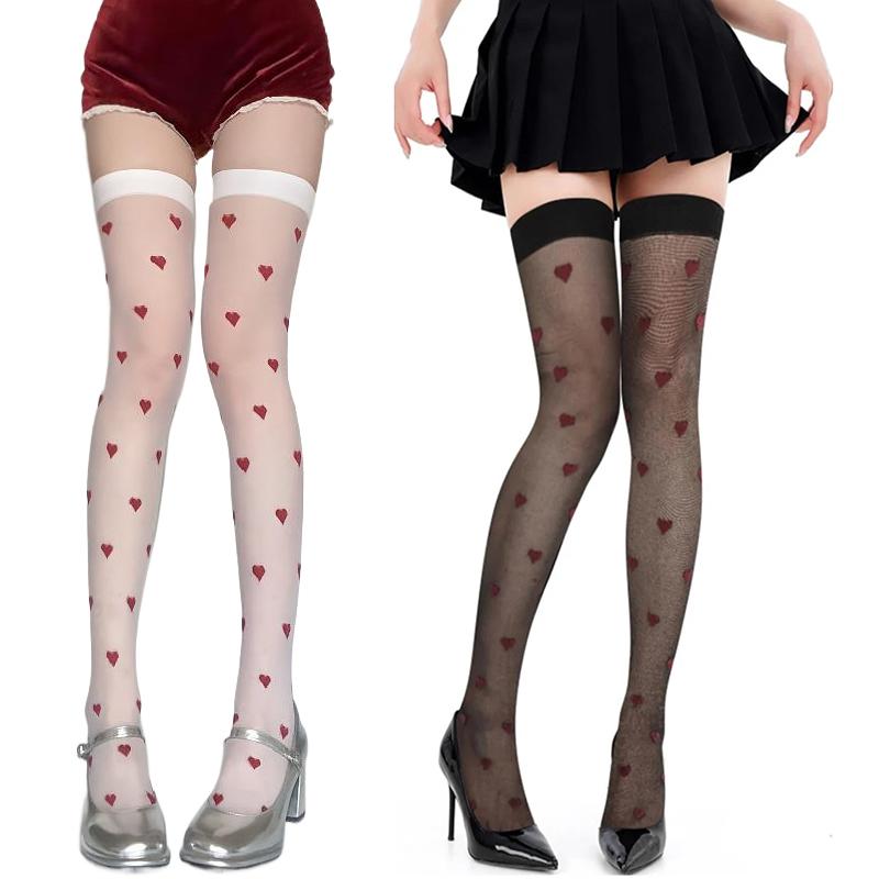 1 Pair Date Look Party Over-the-Knee Socks Valentine's Day Red Heart Pattern Cute One Size Sexy Black/White