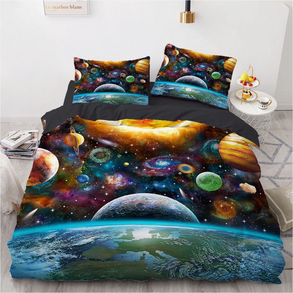 3D Galaxy King Queen Povlak na přikrývku Hvězdná obloha Ložní souprava Vesmír Povlak na přikrývku Vnější prostor Měkký 2/3ks Povlak na peřinu Tmavě modrá