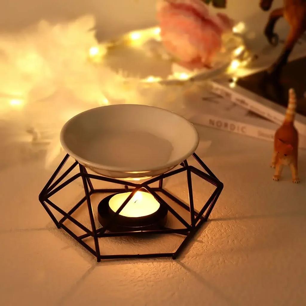 1pc Romantic Ceramic Tealight Candle Holder with Metal Oil Burner and Wax Warmer - Perfect for Relaxing and Meditation