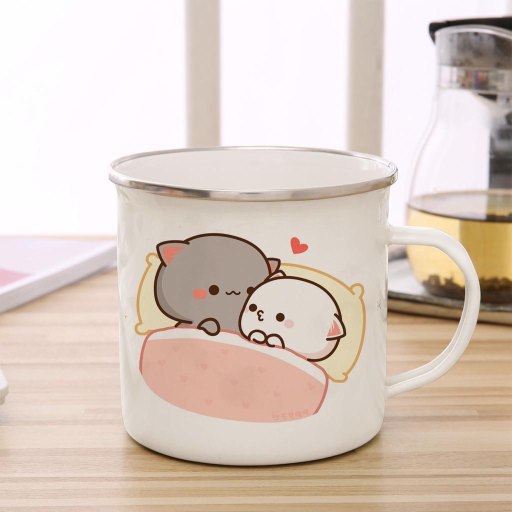 Peach and Goma Cat Enamel Coffee Tea Cup Cute Animal Breakfast Dessert Milk Water Cup Couple Gift