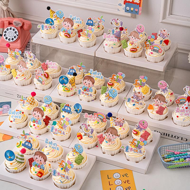 Children's Day Cupcake Toppers: Cute Cartoon Inserts - 61 Pieces