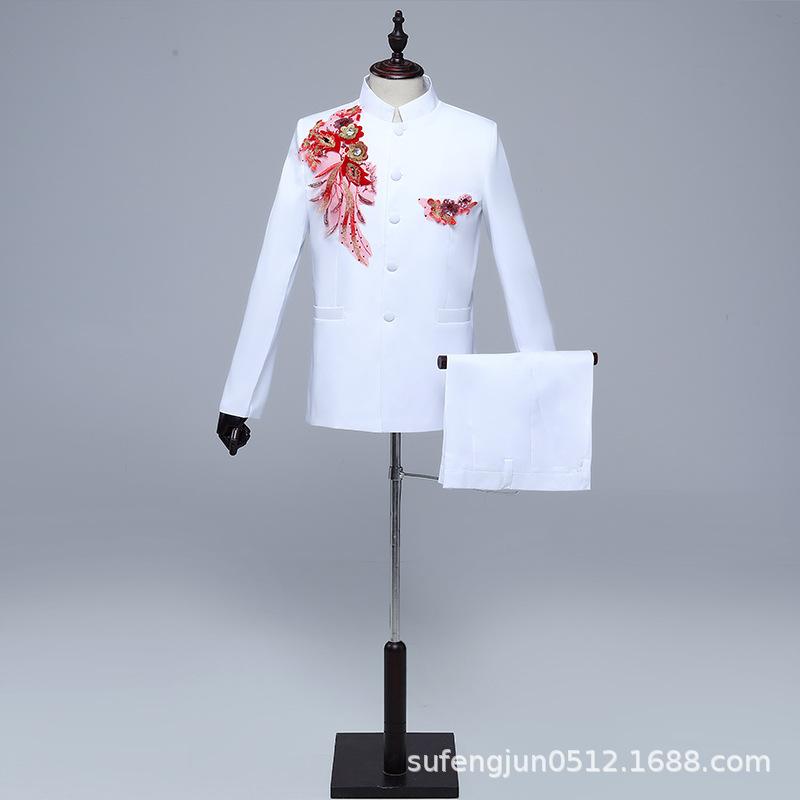 Men's Red Sequined Zhongshan Suit for Stage Performance, Chorus, and Events