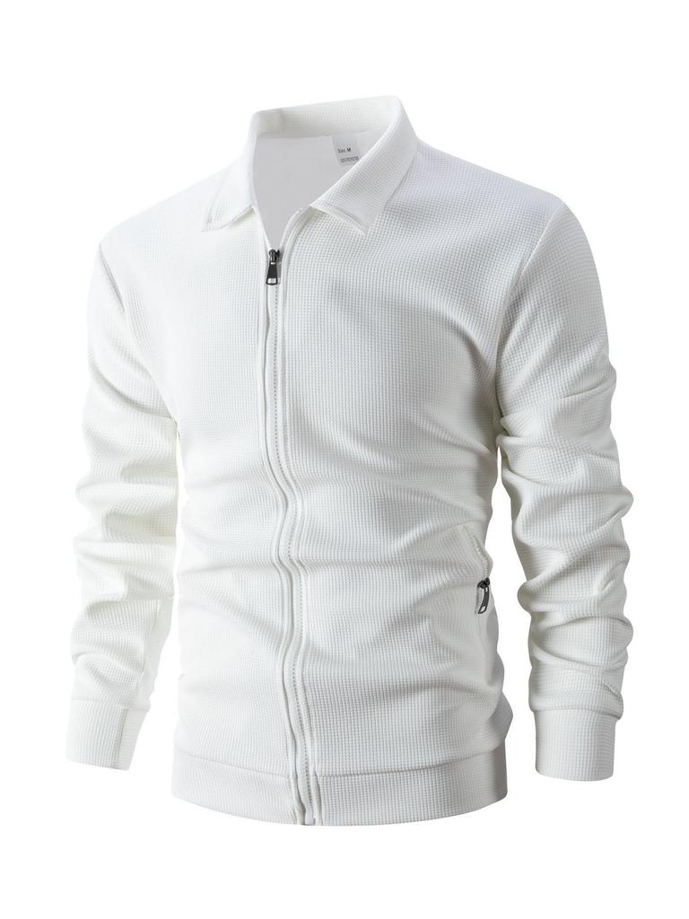 2025 Men's Slim Fit Cardigan Jacket Set with Waffle Knit, Zipper Pocket, and Lapel Collar for Spring and Autumn