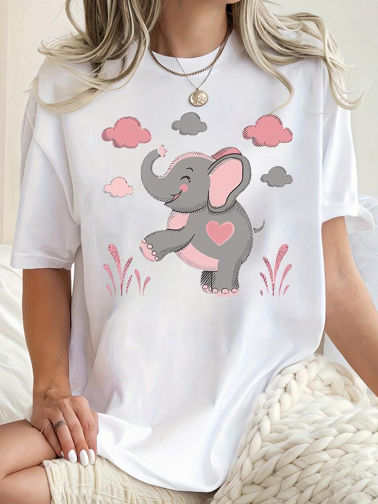 European Size Women'S Casual Elephant Heart Print T-Shirt, Polyester Crew Neck Tee, Short Sleeve Knit Fabric Top with Medium Stretch, Animal Pattern