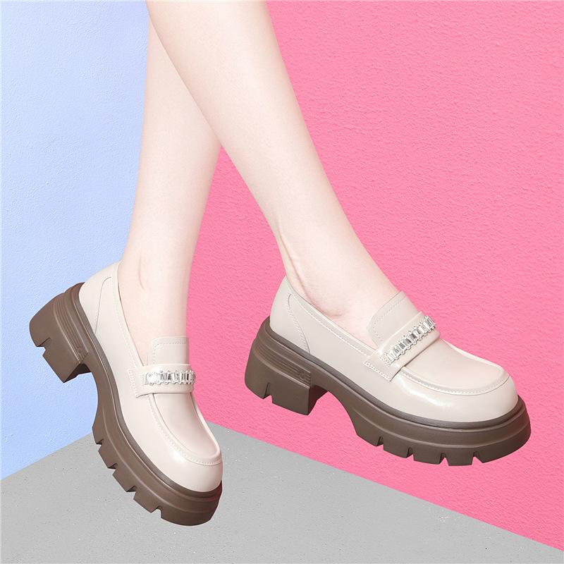 Temperament thick-soled heightening loafers women's new round-headed small leather shoes comfortable British style fashionable versatile casual shoes