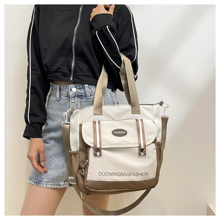 Japanese Style Color Block Canvas Tote Bag for Students, Large Capacity Book Shoulder Bag with Handles, Casual School Commute Handbag