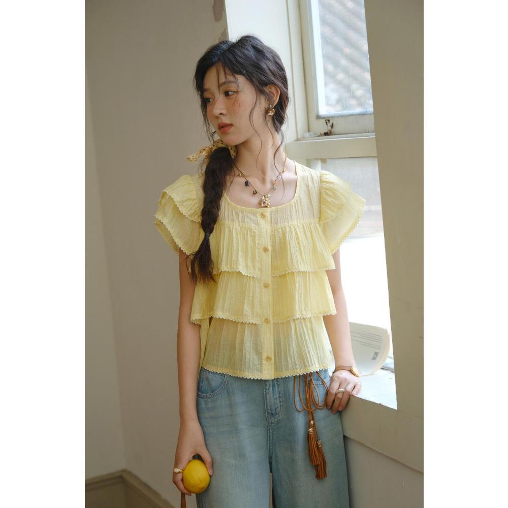 MISHOW Butterfly Sleeve Chiffon Shirt Women's 2025 Summer New Women's Clothing Retro Square Neck Button Casual Shirt MXD30X1488