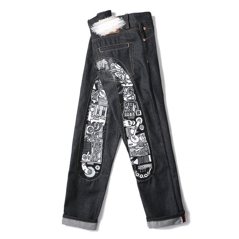 RogueWave New Japanese Hipster Retro Hip-hop Fashion Print Jeans High Street Leisure Slim Straight Embroidery Y2k Print Stitching Trousers