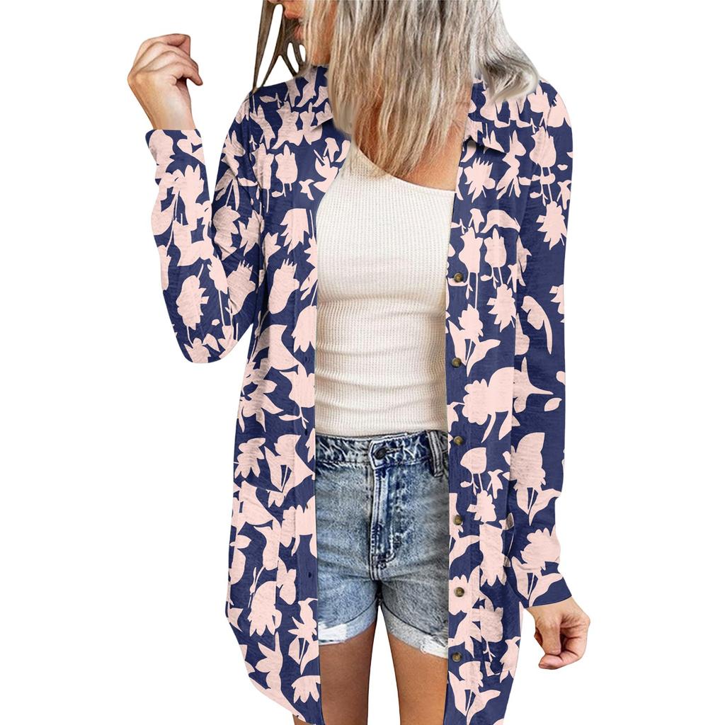 Women's Casual Fashion Floral Print Long Sleeve Mid-Length Cardigan Jacket