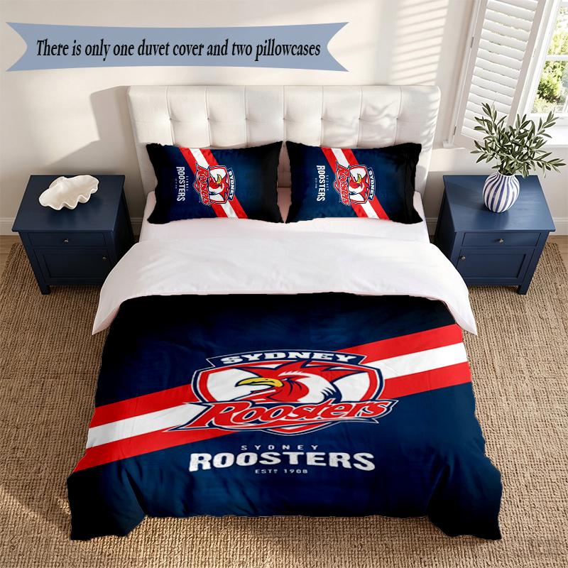 Sydney Roosters 3‑Piece Bedding Set Soft Microfiber Duvet Cover Pillowcases Comfortable Bed Linen for Bedroom Decoration