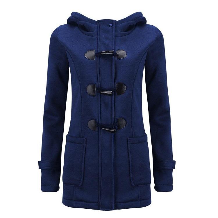 Manteau d'hiver chaud à capuche en polaire Automne Femme Élégant Long Mince Vestes Manteau Vêtements d'extérieur Boutons en corne Poches Mode Décontracté