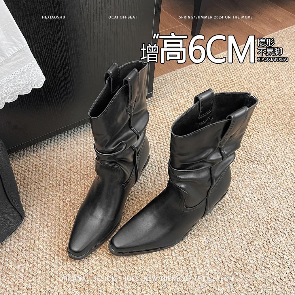 Cowhide~ Inner height increase 9cm pointed pile boots short boots women's high heel retro western cowboy knight boots Martin boots