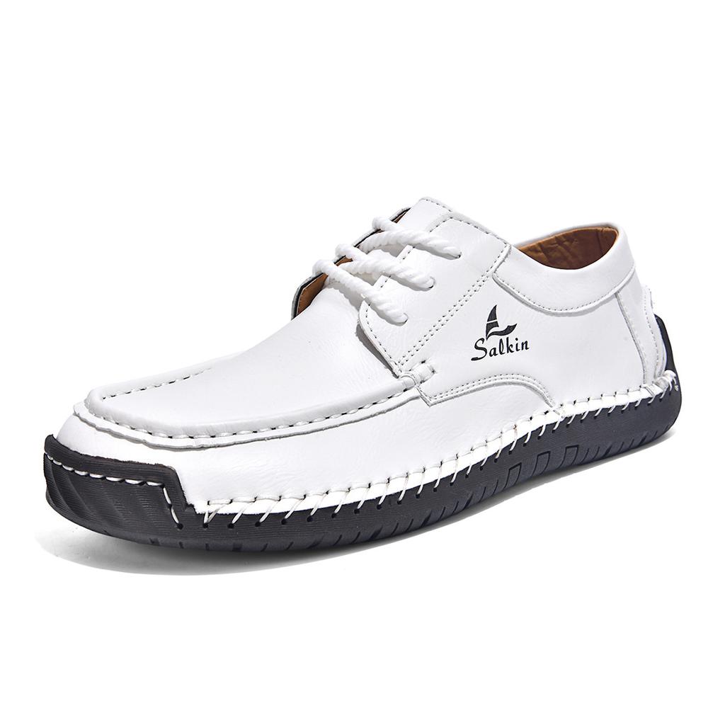Men's Hand Stitched Casual Leather Shoes Vintage Lace Up Wide Toe Soft Sole Breathable Loafers British Style Driving Shoes