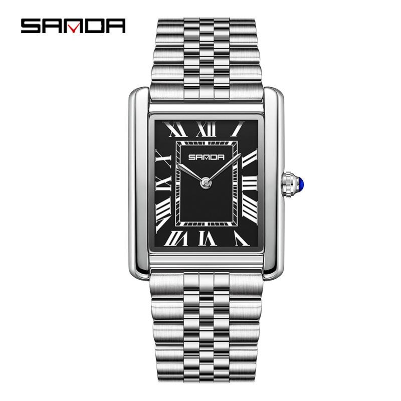 Montre à Quartz pour Femme Sanda, Petit Cadran, Chiffres Romains, Mode Étanche Rectangulaire, Design Couple.