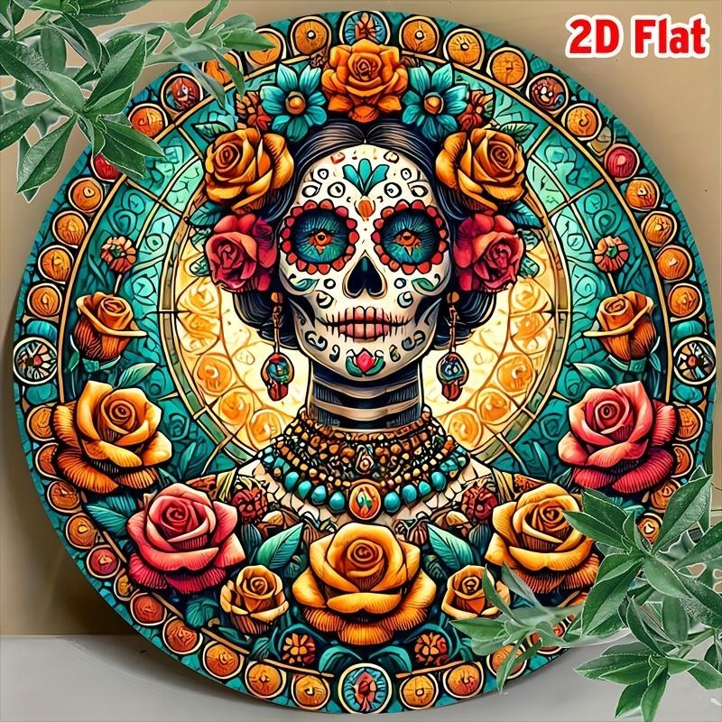 D FlatRound Day of the Dead La Catrina Sugar Skull Lady Metal Tin Sign Xcm Mexican Themed Decor for Home Garden