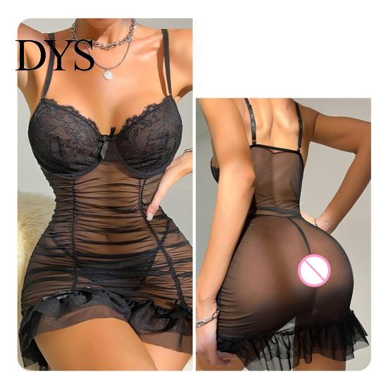 Lace Nightgown 2 Pcs/Set Nightdress Panties Set Spaghetti Strap Backless Sleeveless Nightwear Pleated Seductive Transparent Mesh Bow Ruffle