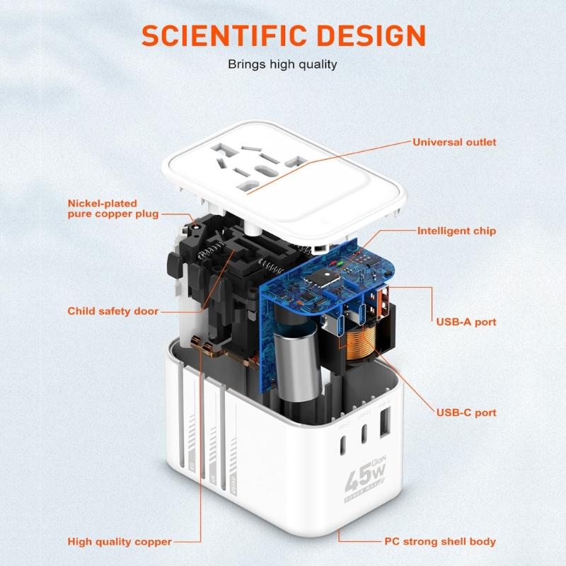 45W 65W Worldwide Travel Plugs Adapter Supports Over 300 Countries with Two USB C and USB A Port