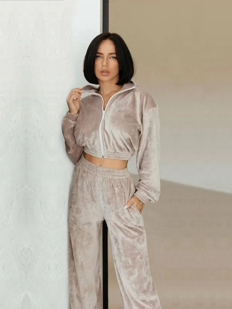 2026 New Style Women's Zip Up Hoodie Sweatshirt Set Long Sleeve Polo Collar Top with Pants Casual Tracksuit