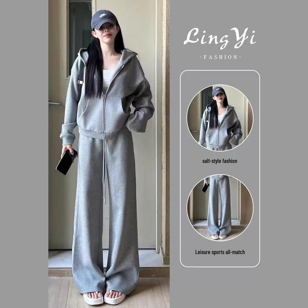 Women's Korean-Style Velvet Sports Suit: Autumn/Winter Casual Loose Hoodie Jacket & Pants Set
