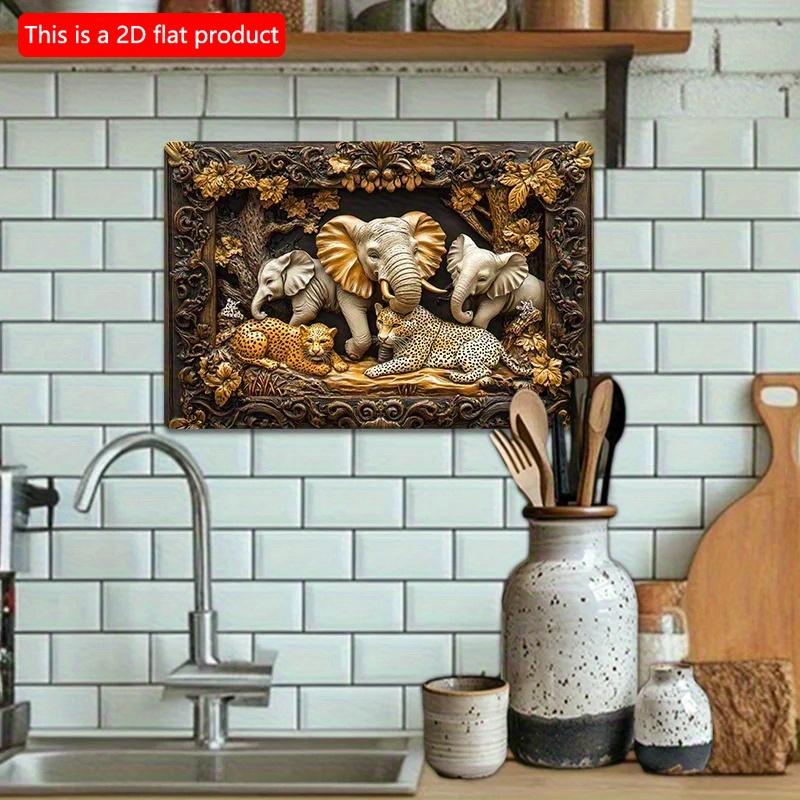 2D Flat Wooden Sign 30*20cm Vintage Elephant & Leopard Jungle Scene Wooden Wall Art, Decorative Sign for Home, Office, or Outdoor Decor, Perfect Room