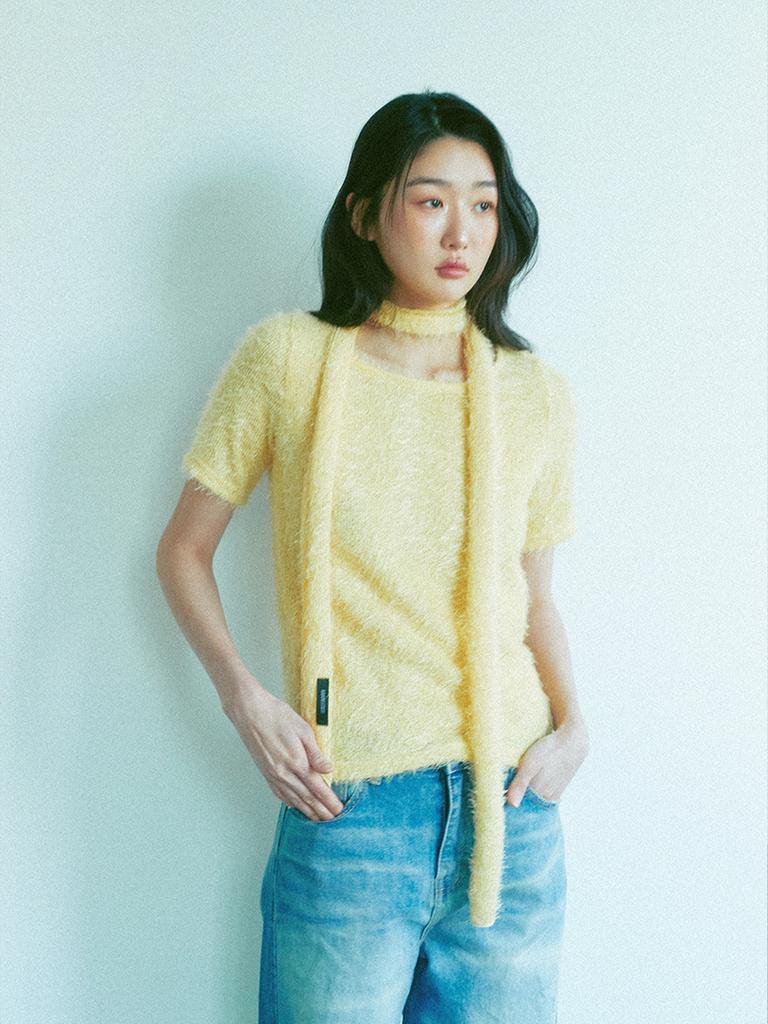 KOOKEESEE Hairy Fabric Round Neck Top (Yellow)