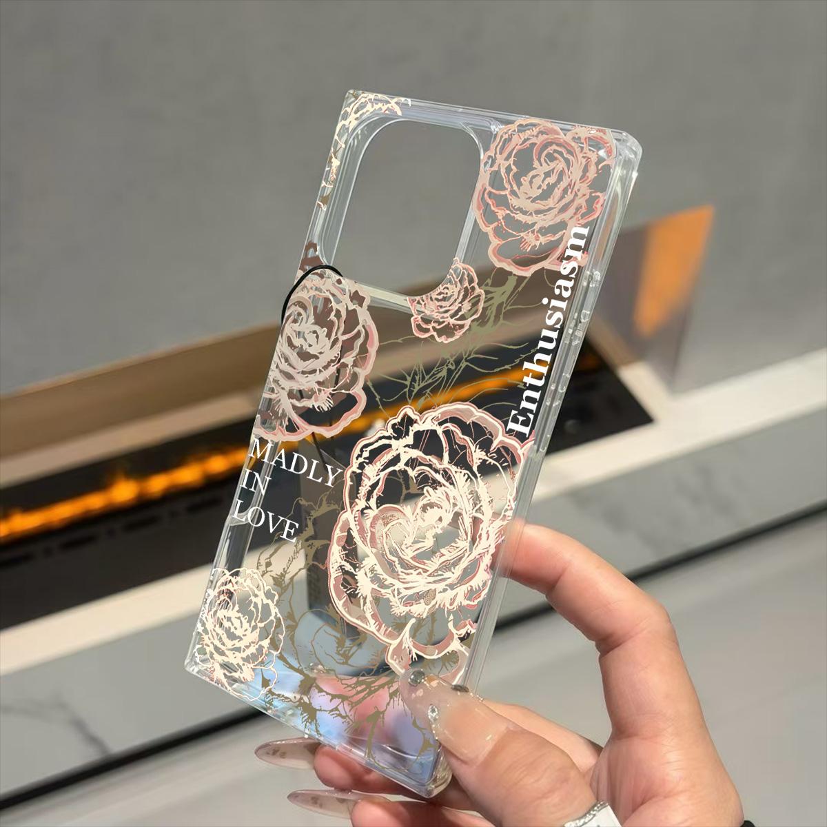 

Прозрачный квадратный чехол-бампер для iPhone 14 Pro Max 15 Plus 16 ProMax 13 11 12, защита от окисления, с узором Безумная роза iphone 13