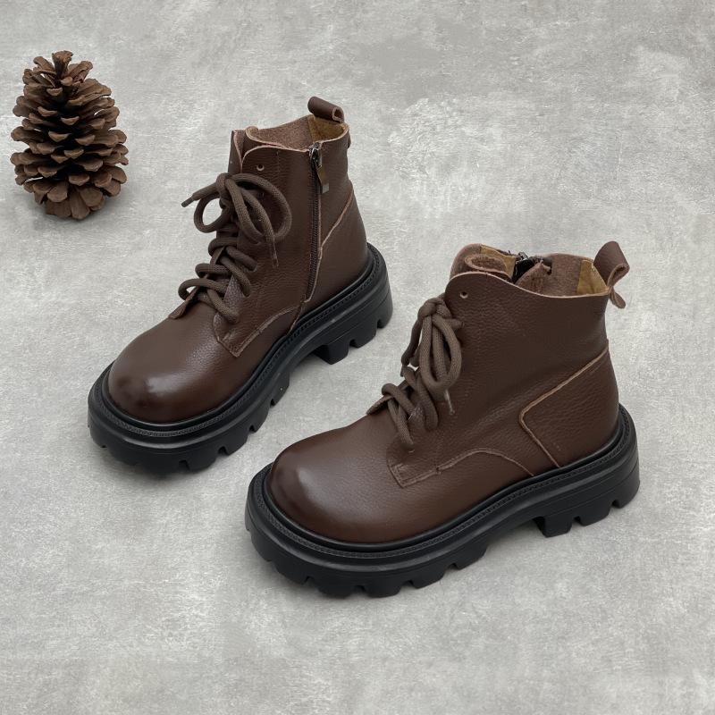 Johnature Ekte skinnstøvletter med tykk såle i britisk stil, allsidige damesko