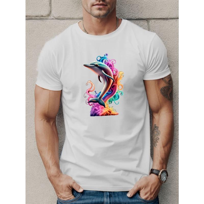 European sizes Men's Dolphin Graphic Tee - Casual Short Sleeve, Breathable Polyester, Machine Washable - Perfect for Summer