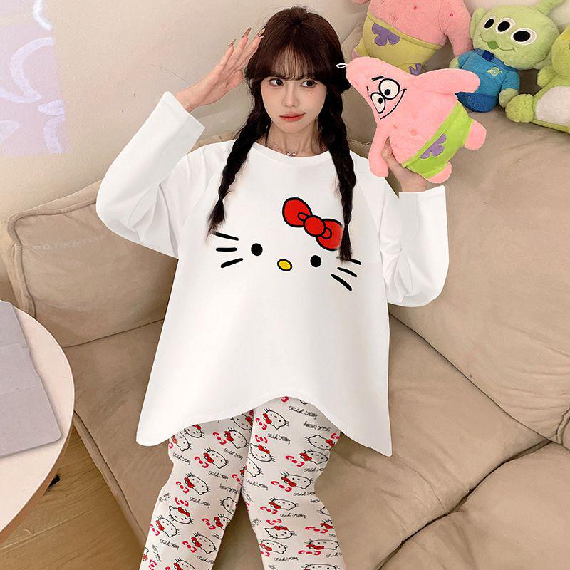 Women's Pure Cotton Cartoon Pajamas, Long Sleeve Spring/Autumn Set, Casual Loose Fit for Home or Outside Wear, Winter Ready