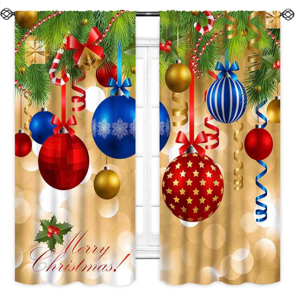 Christmas Curtain Funny Anta Claus Riding Sleigh Delivering Present Ball Winter Print Drapes Bedroom Party Decor For Made Of Polyester