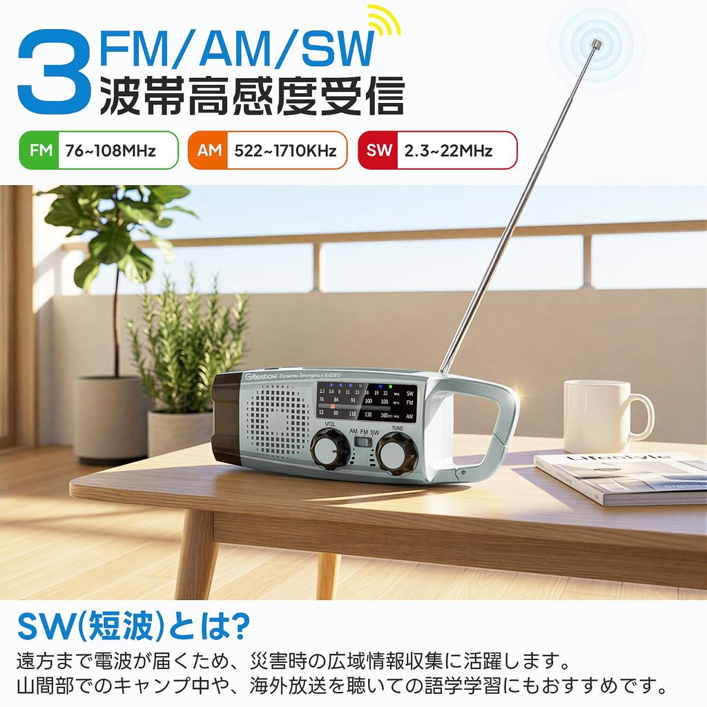 [Recommended by Disaster Prevention Specialists] Greeshow Emergency Radio, Multifunctional, Flashlight, FM/AM/SW High-Sensitivity Reception, 3-Way Cha