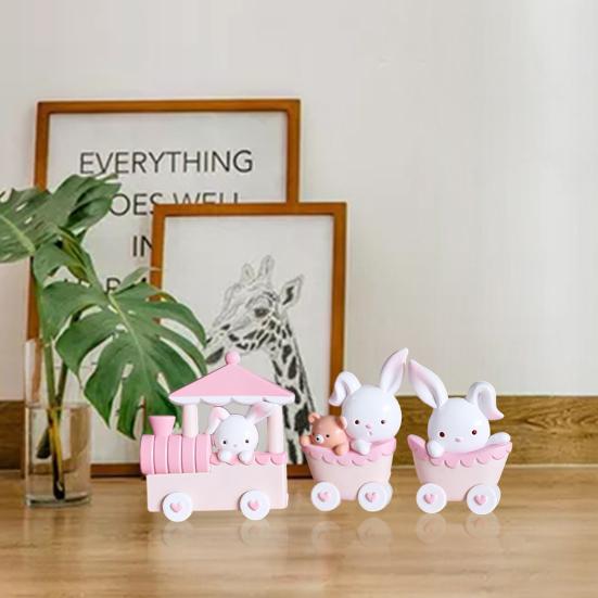 3Pcs Pink Rabbit Figurines Model Decoration Lovely Train Bunny Craft Ornament Cartoon Animal Statue Model Cupcake Topper