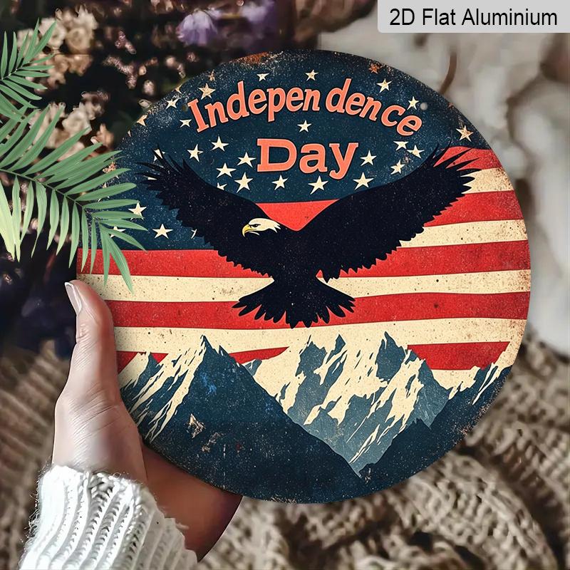 2D Flat, 1pc Independence Day Patriotic Decor Aluminum Metal Sign with American Flag, Eagle, And Mountain Pattern - Red, White, And Blue Independence